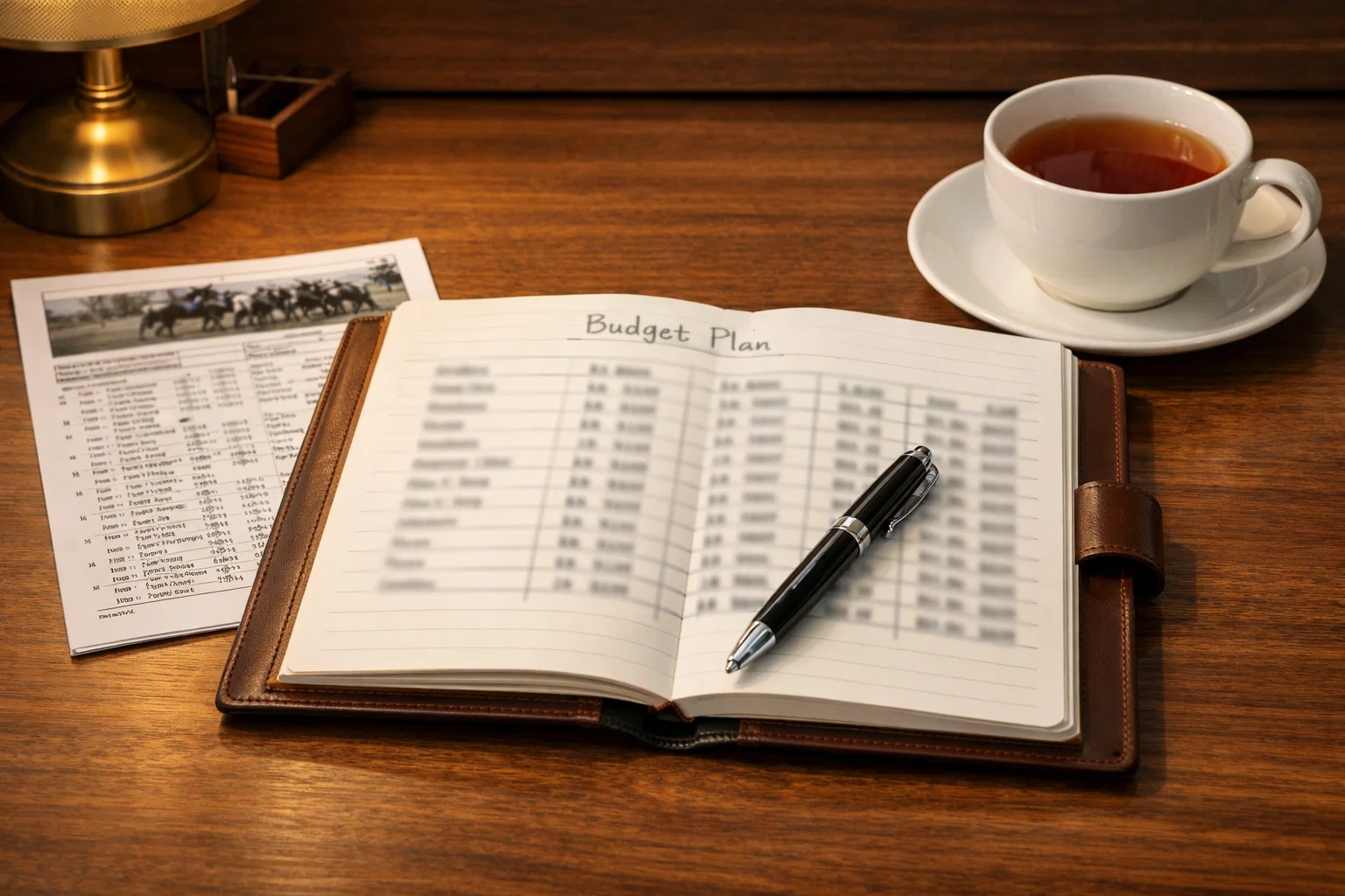 Notizbuch mit Einsatzplanung und einem Stift neben einem Rennprogramm auf einem Schreibtisch