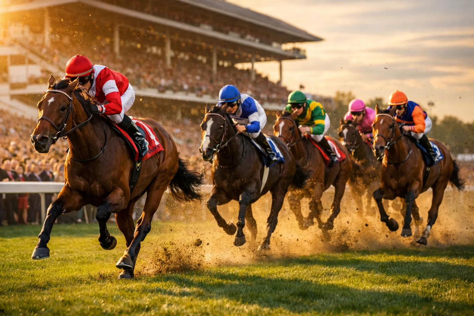 Galopprennen auf der Rennbahn Hamburg-Horn beim Deutschen Derby mit Jockeys im Zieleinlauf