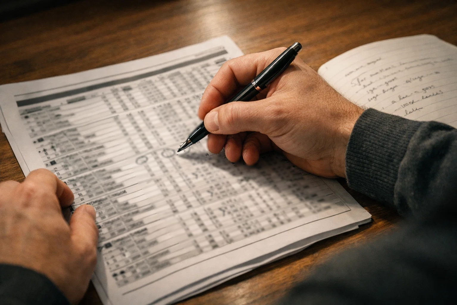 Person analysiert ein Rennformblatt mit Stift und Notizen neben einem Rennprogramm