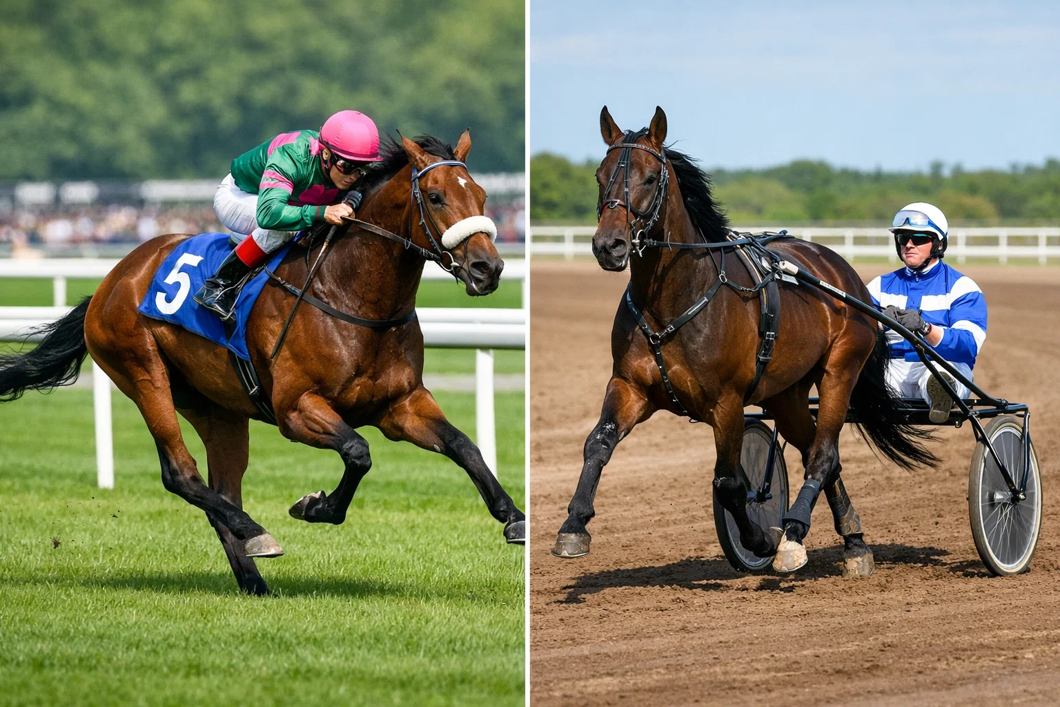 Galopprennen mit Jockey auf Vollblüter und Trabrennen mit Sulky auf einer Rennbahn im Vergleich