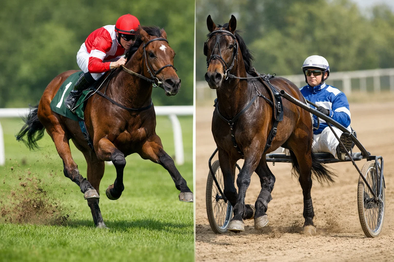 Galopprennen mit Jockey und Trabrennen mit Sulky nebeneinander im Vergleich