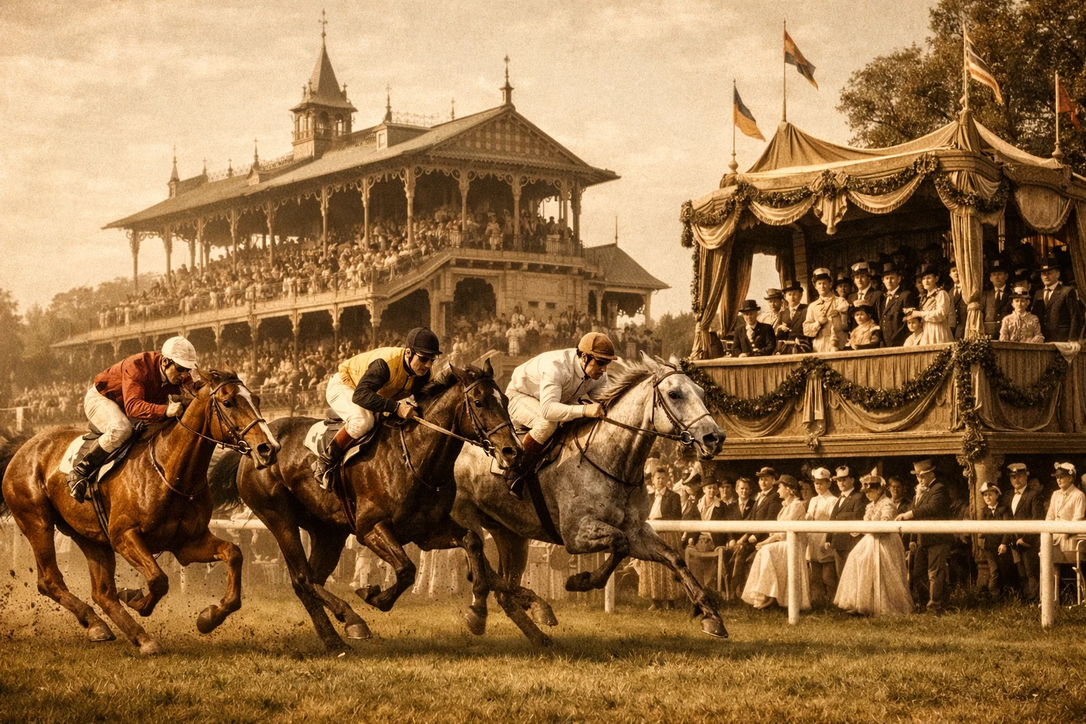 Historische Galopprennbahn in Deutschland mit Tribüne und Zuschauern im Stil des 19. Jahrhunderts
