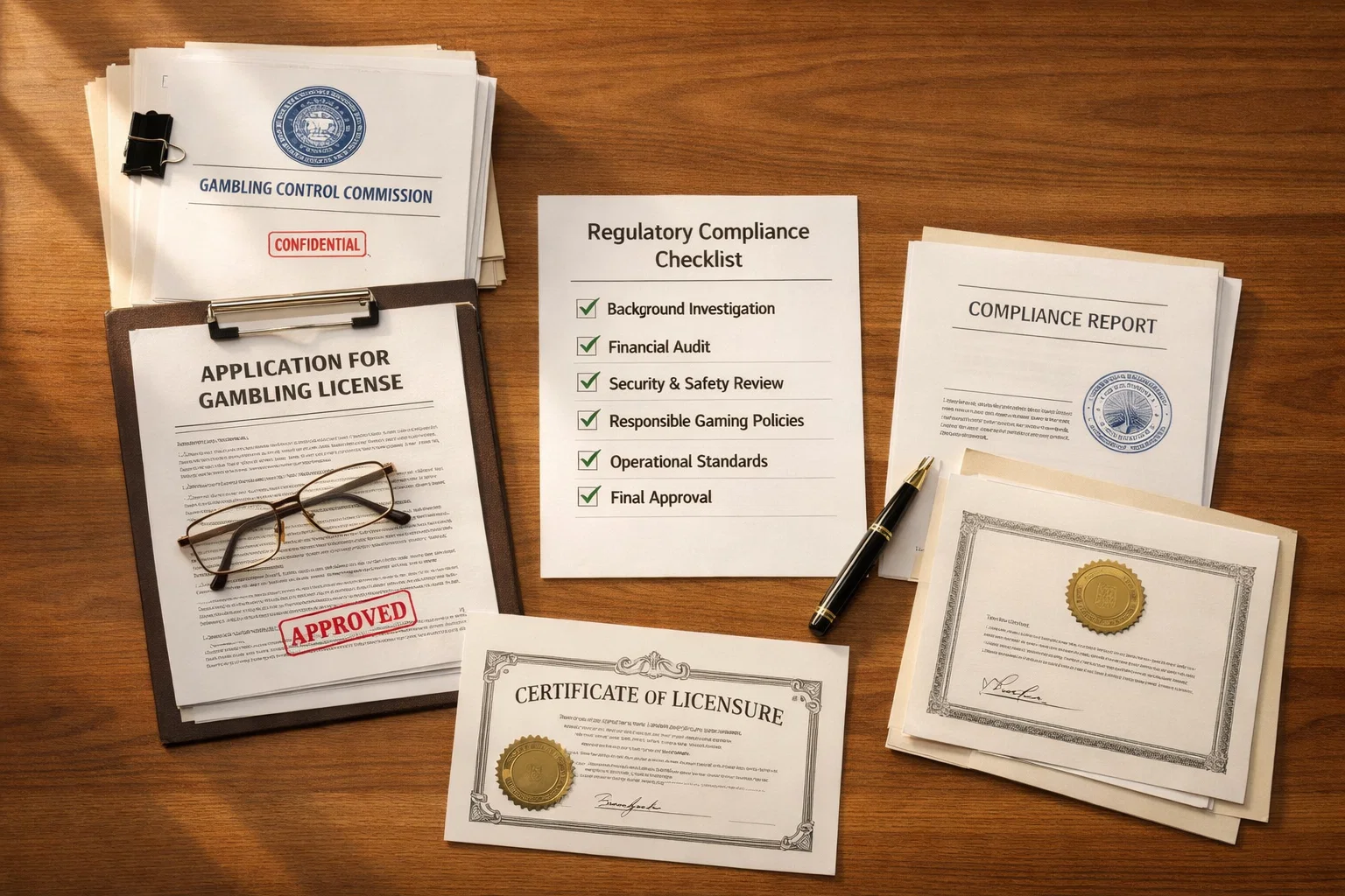 Dokumente und Lizenzunterlagen für legale Pferdewetten-Anbieter auf einem Schreibtisch