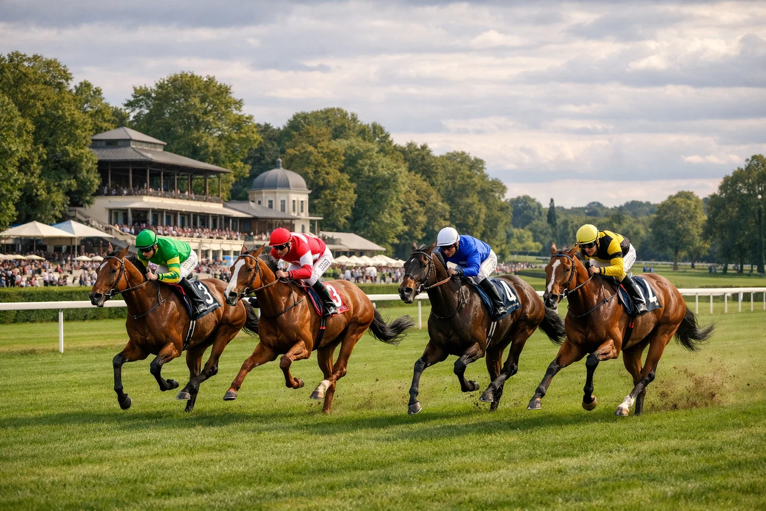 Galopprennbahn Iffezheim bei der Großen Woche mit Pferden auf dem Turf-Geläuf