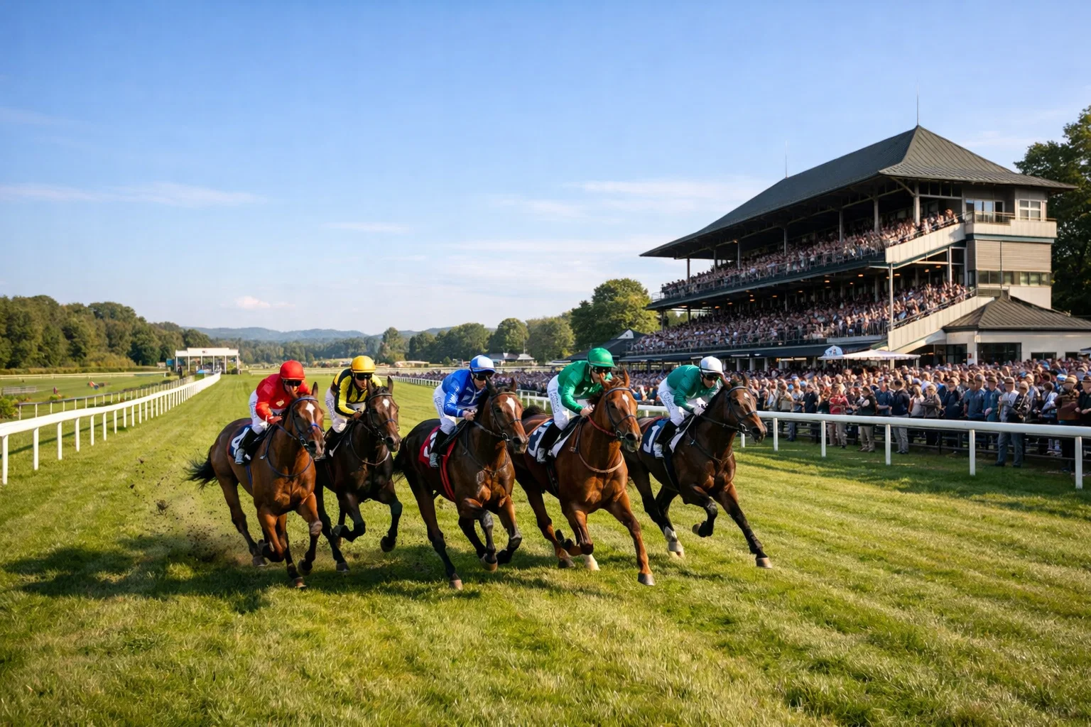 Galopprennbahn in Deutschland mit grünem Turf-Geläuf und Tribüne an einem Renntag