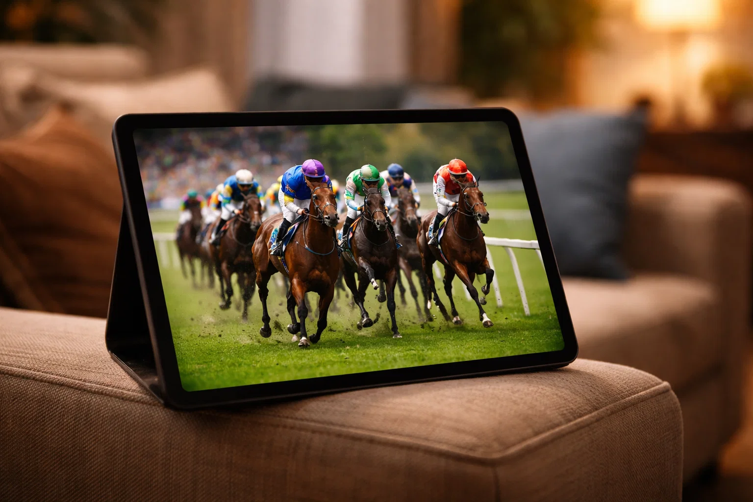 Tablet zeigt eine Live-Übertragung eines Galopprennens auf einer grünen Turfbahn