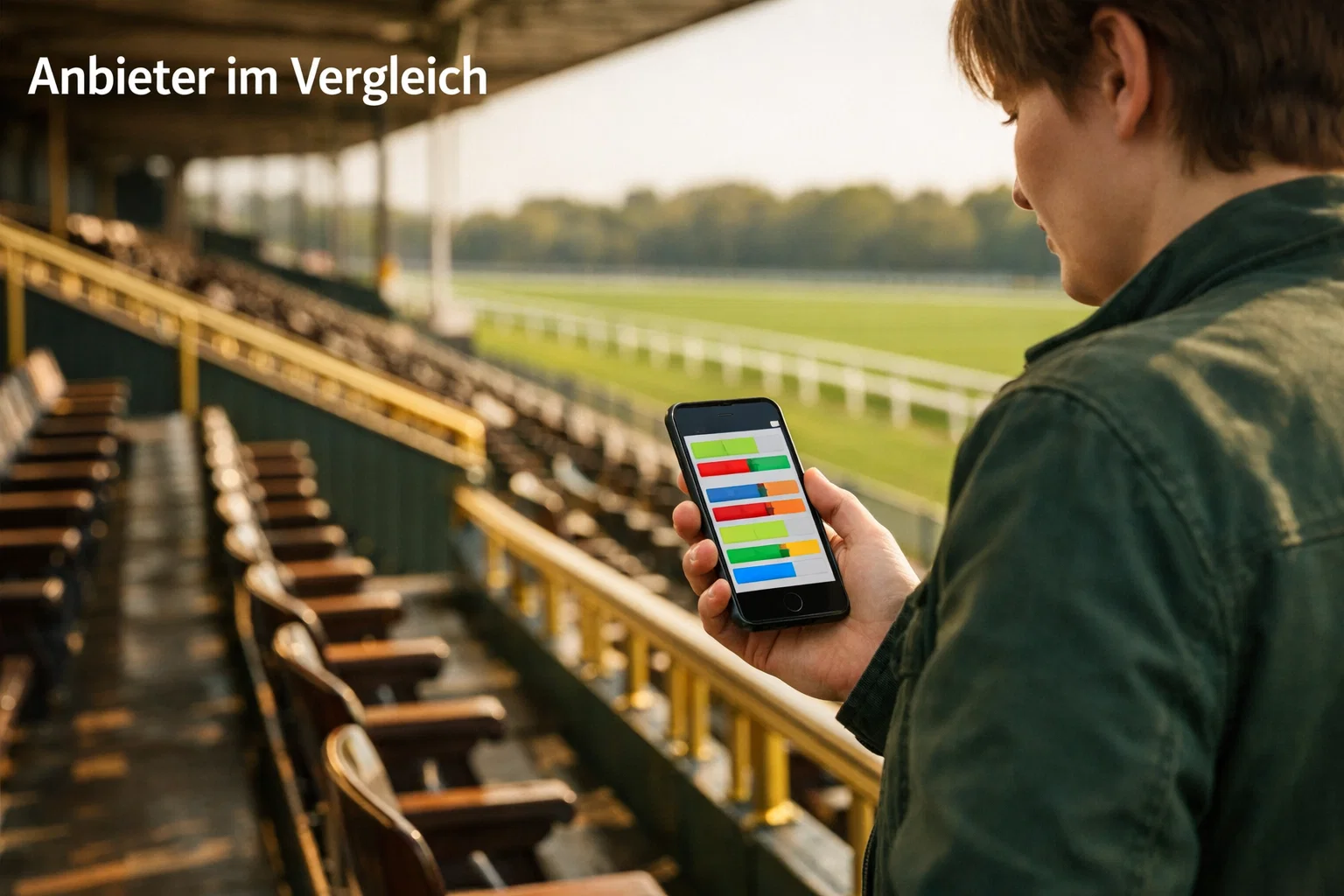 Pferdewetten-Anbieter im Vergleich – Person hält Smartphone mit Wettplattform vor einer Rennbahn