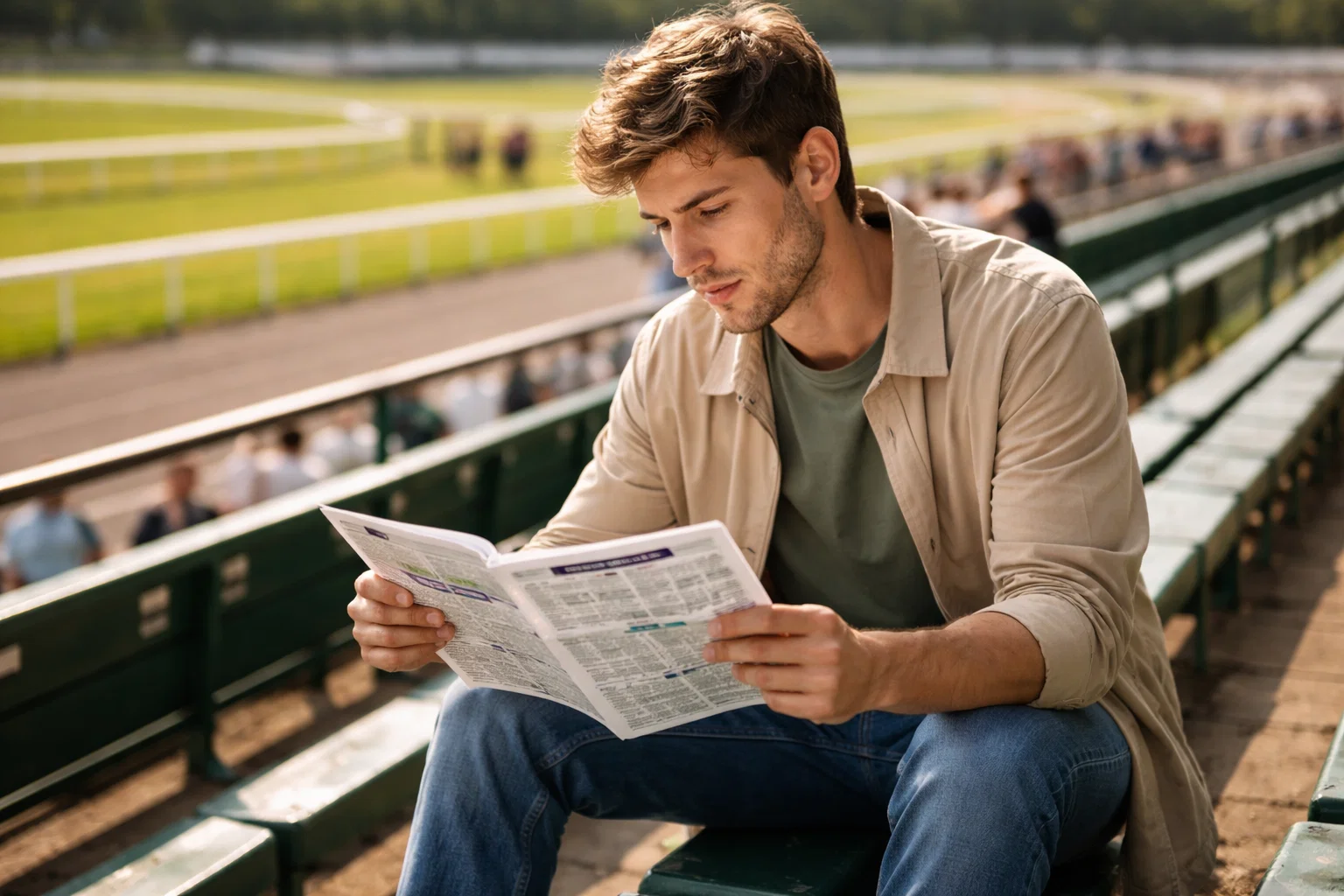 Einsteiger studiert ein Rennprogramm auf der Tribüne einer Galopprennbahn