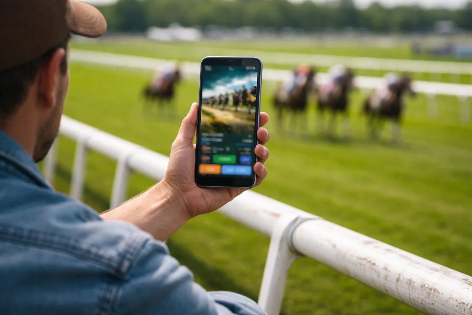 Person hält ein Smartphone mit einer Pferdewetten-App vor einer Galopprennbahn