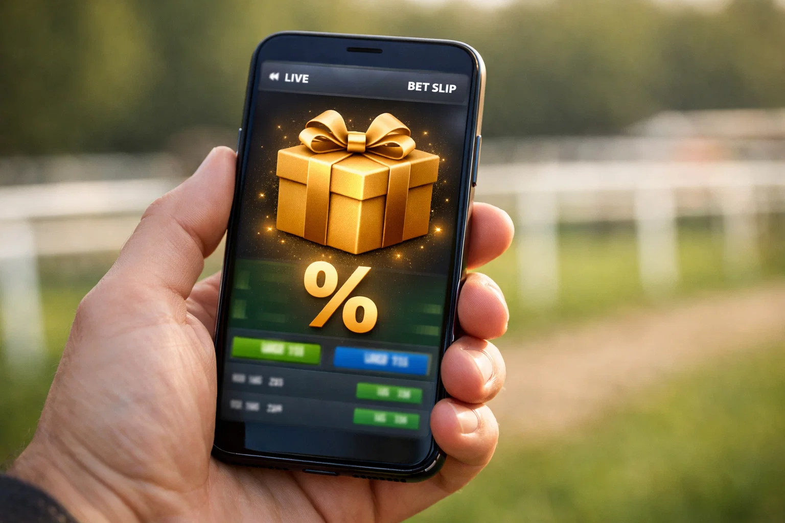 Hand hält ein Smartphone mit einem Pferdewetten-Bonusangebot auf dem Bildschirm