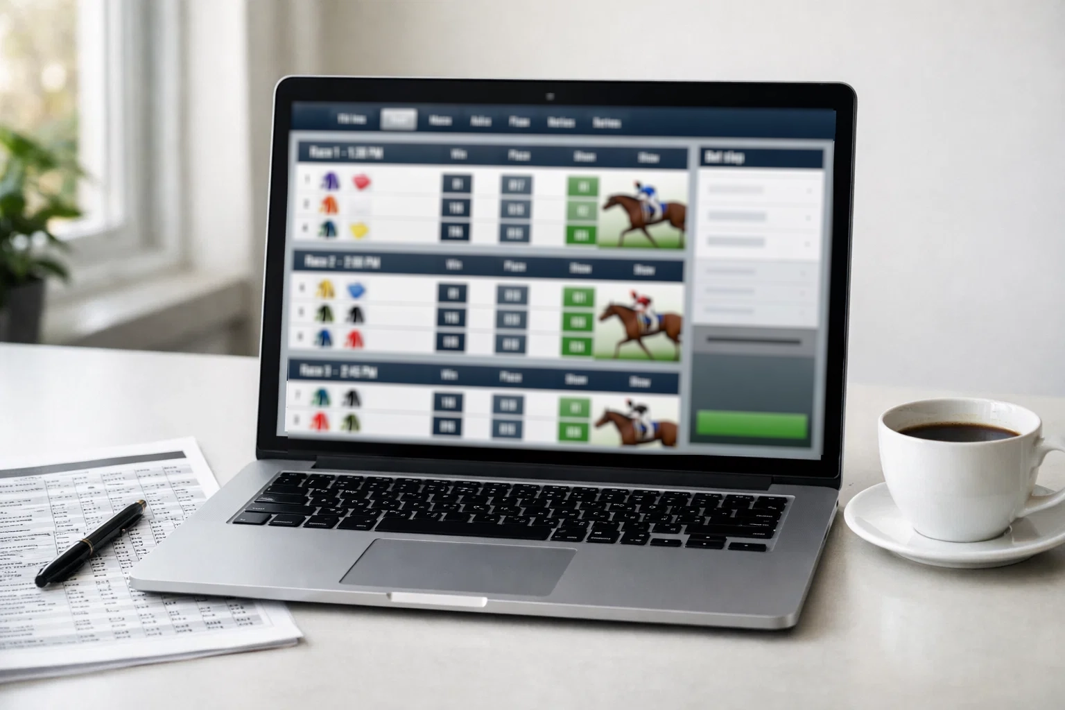 Laptop-Bildschirm mit einer Pferdewetten-Plattform und Rennprogramm im Hintergrund