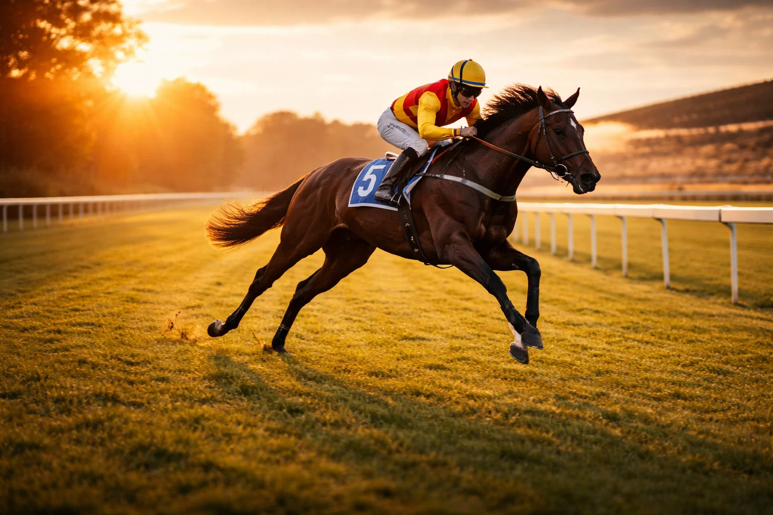 Galopprennen auf einer deutschen Rennbahn bei Sonnenuntergang mit Jockey und Vollblüter in voller Fahrt