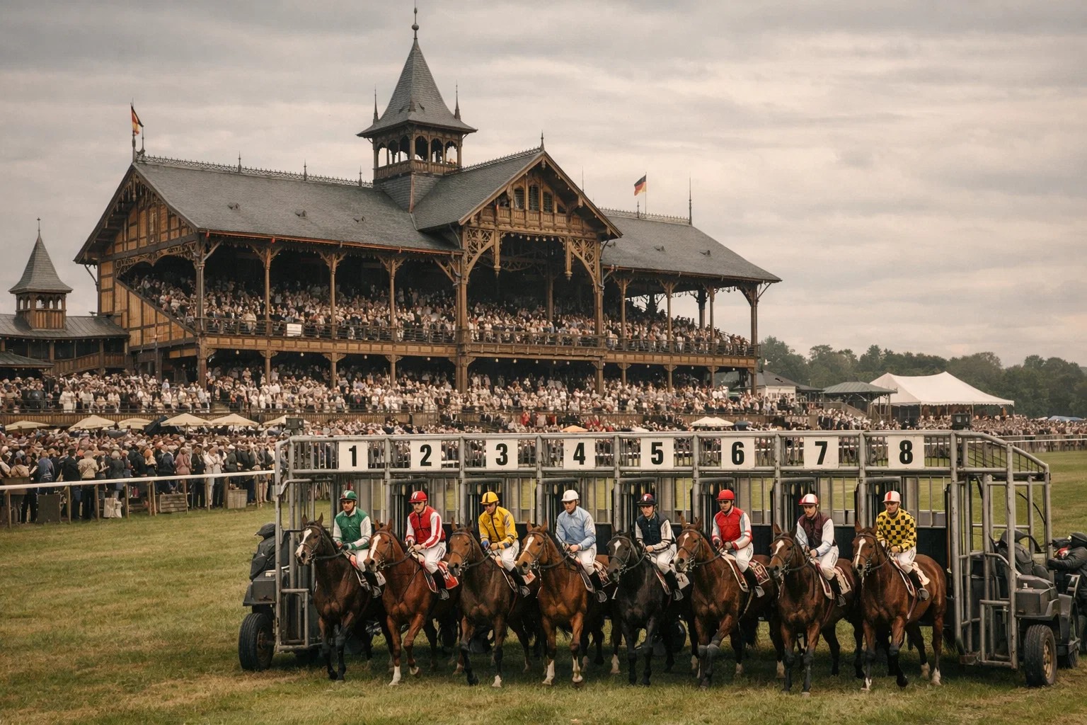 Historische Galopprennbahn in Deutschland mit Publikum und Vollblütern am Start