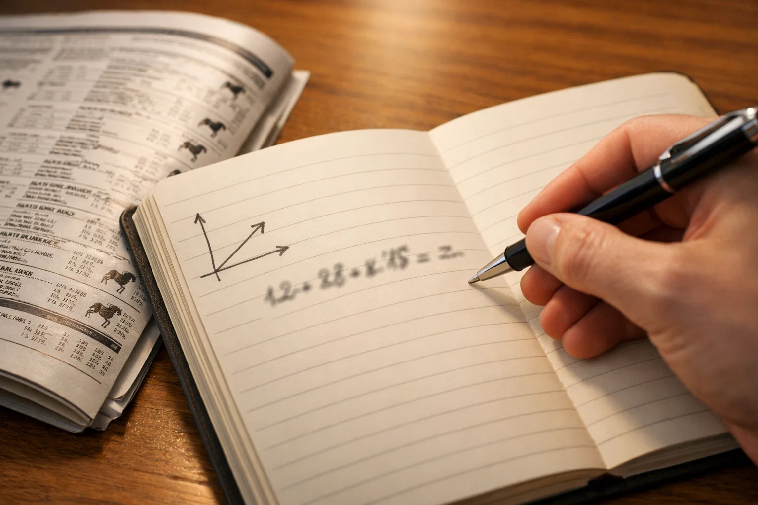 Person schreibt Berechnungen in ein Notizbuch neben einem Rennprogramm und Stift