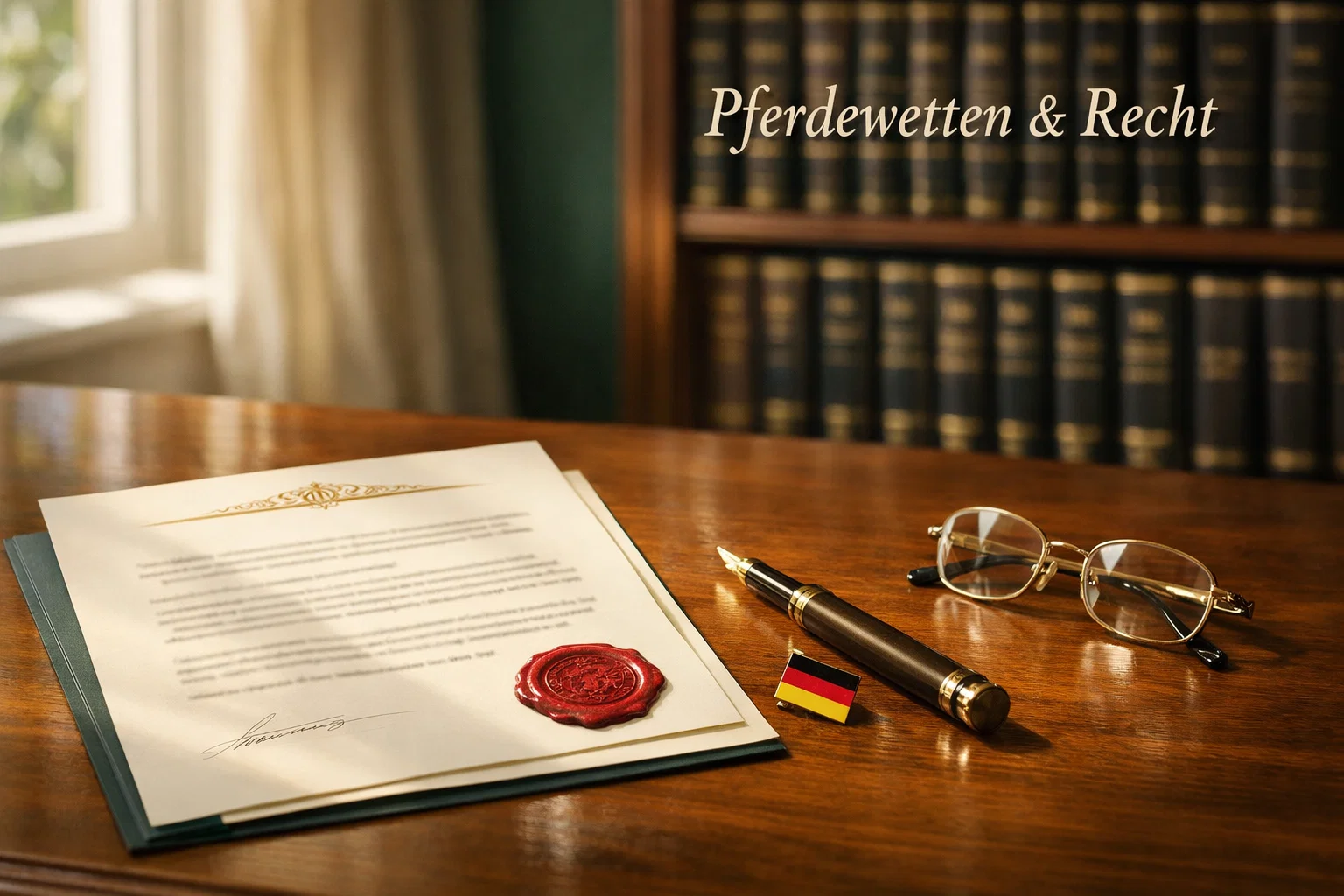 Pferdewetten legal in Deutschland – Dokument mit GGL-Lizenz und Paragraphenzeichen auf einem Schreibtisch