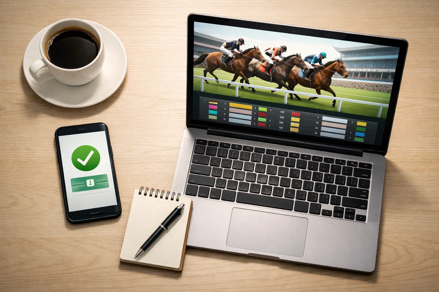 Smartphone mit geöffneter Zahlungs-App neben einem Laptop mit Pferdewetten-Seite