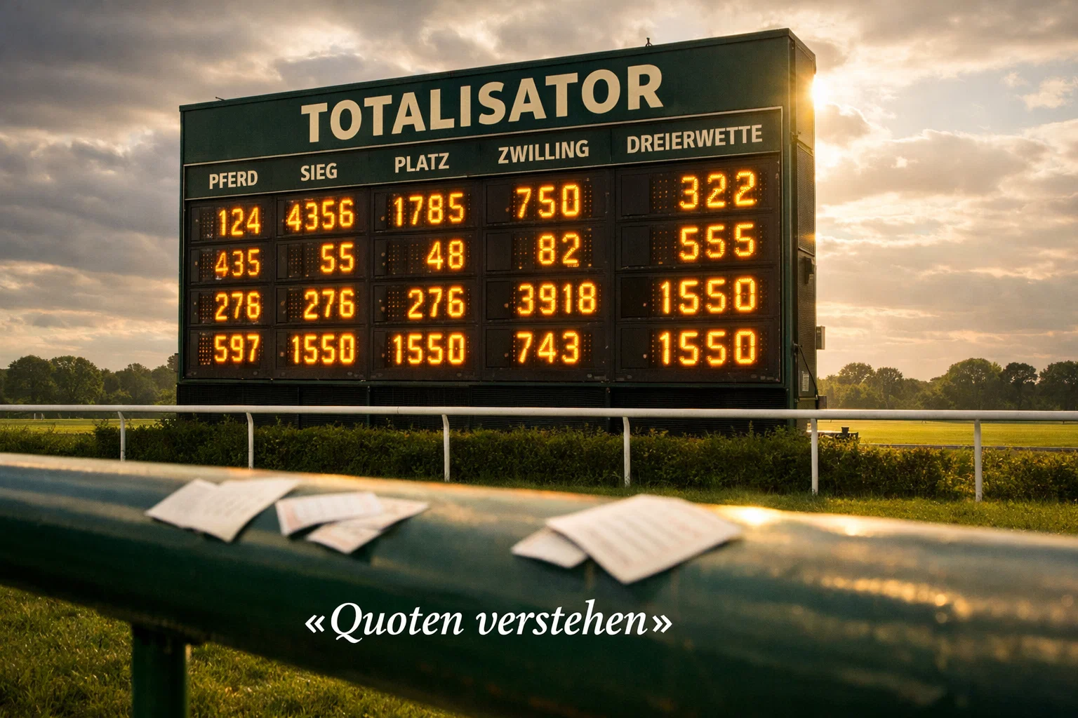 Pferdewetten Quoten – Anzeigetafel mit Quoten am Rand einer Galopprennbahn
