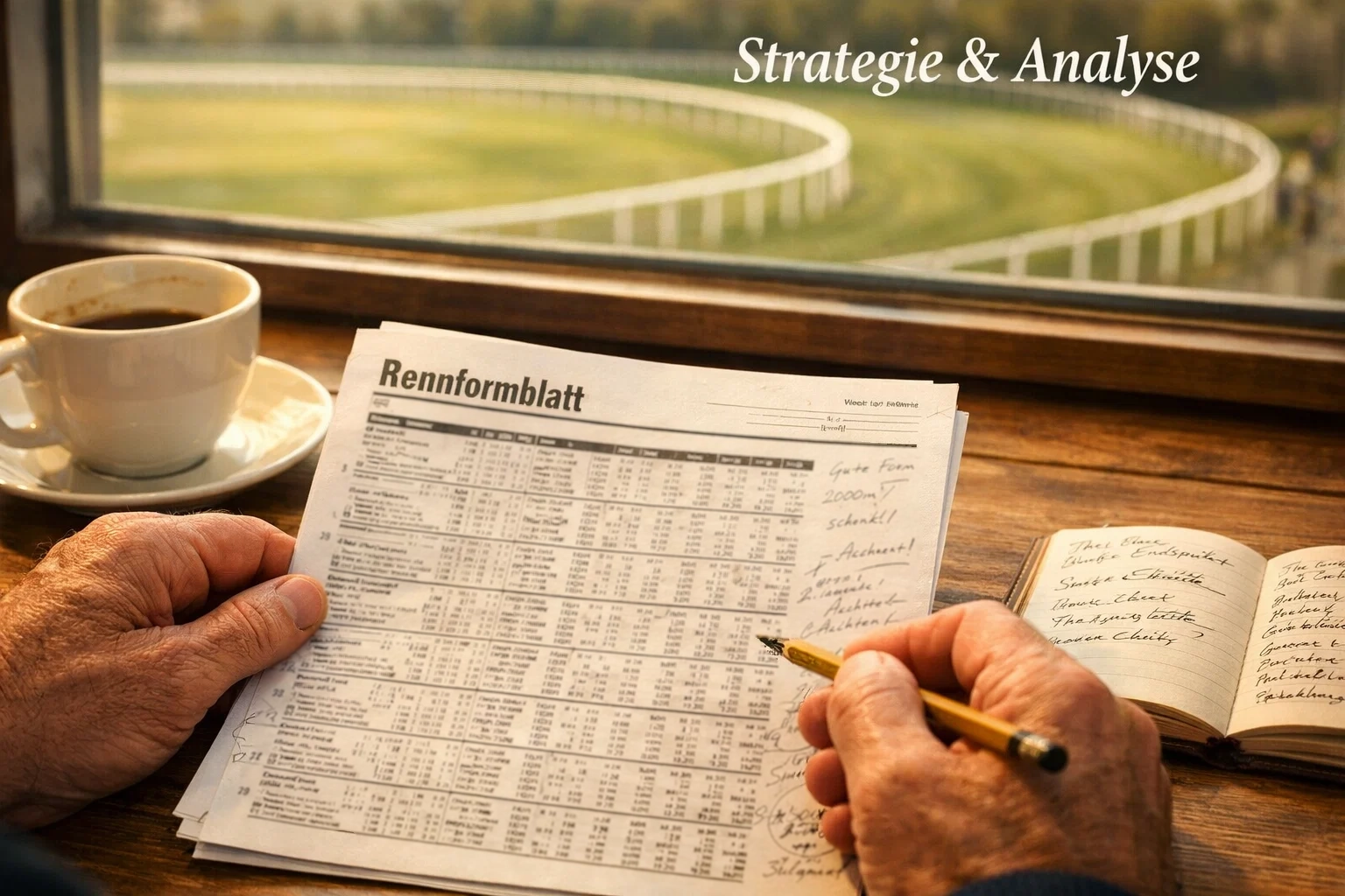 Pferdewetten-Strategie – Rennformblatt und Notizen auf einem Tisch neben einer Galopprennbahn