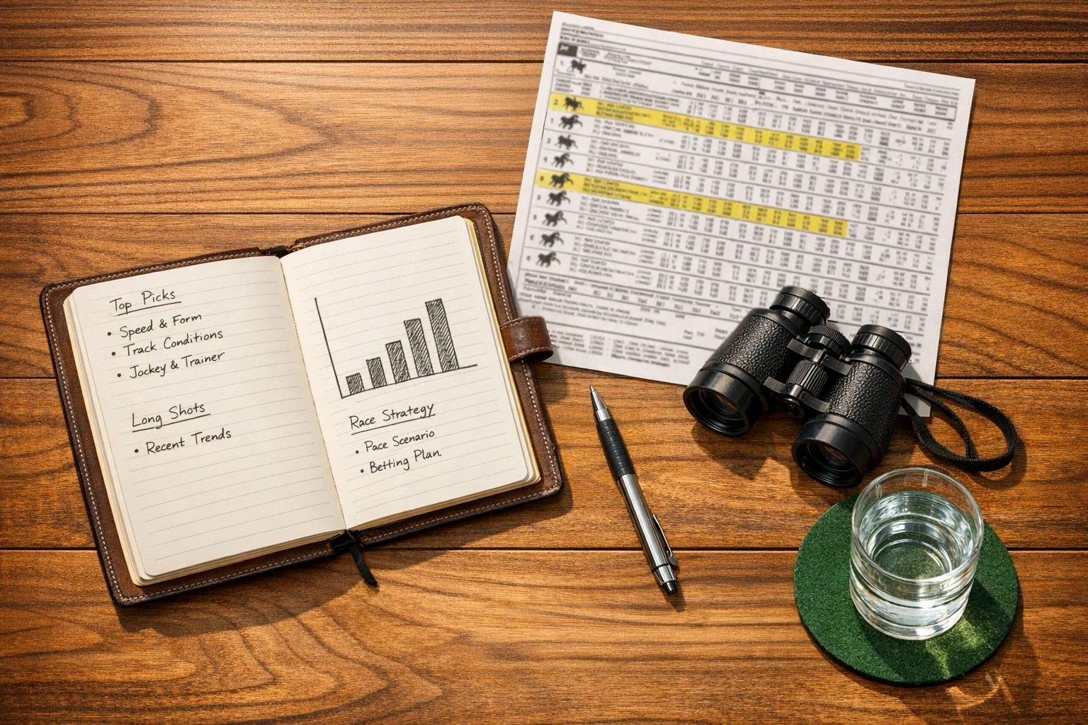 Rennformblatt und Notizbuch mit handschriftlicher Formanalyse für Pferdewetten auf einem Holztisch