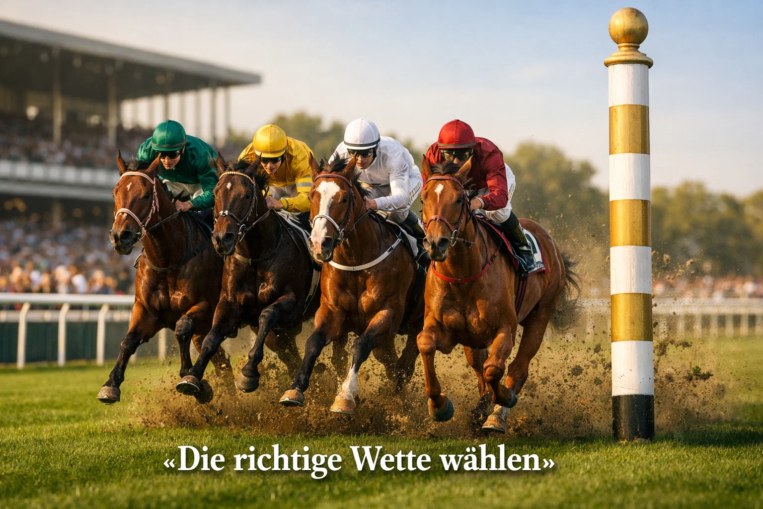 Wettarten bei Pferderennen – Gruppe von Galoppern im Zieleinlauf auf grünem Turf