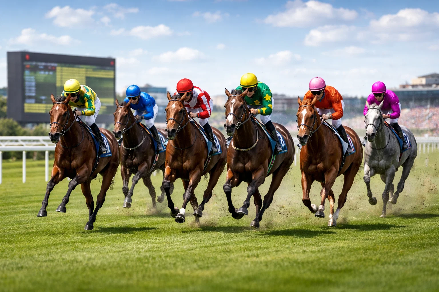 Internationales Galopprennen mit Pferden verschiedener Nationen auf einer Flachbahn