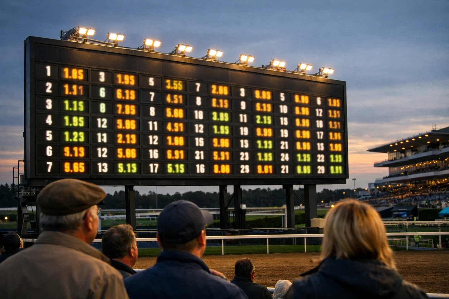Totalisator-Anzeigetafel mit Eventualquoten auf einer deutschen Pferderennbahn