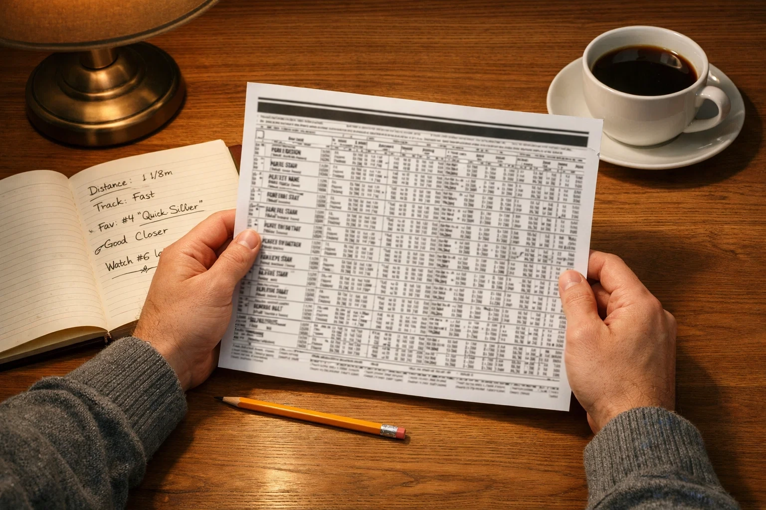 Person analysiert Quoten und Rennformblatt für Pferdewetten an einem Schreibtisch mit Notizen