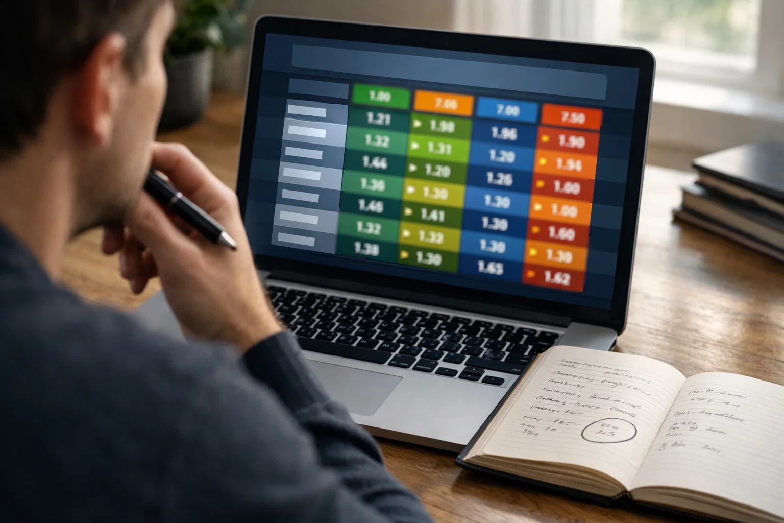 Person vergleicht Pferdewetten-Quoten auf einem Laptop mit Notizen daneben
