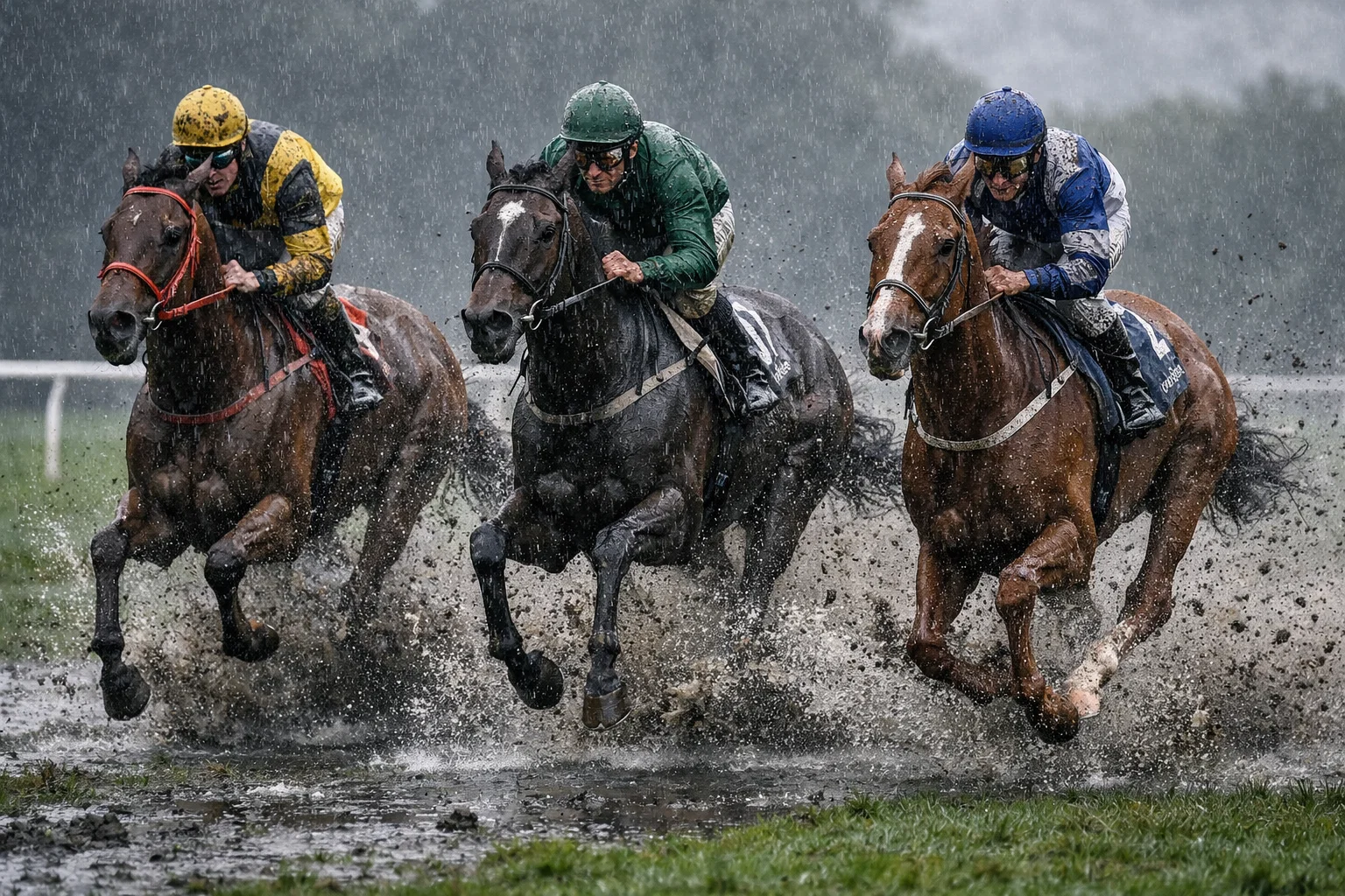 Galopprennen bei Regen auf schwerem Turf-Geläuf mit aufspritzendem Boden