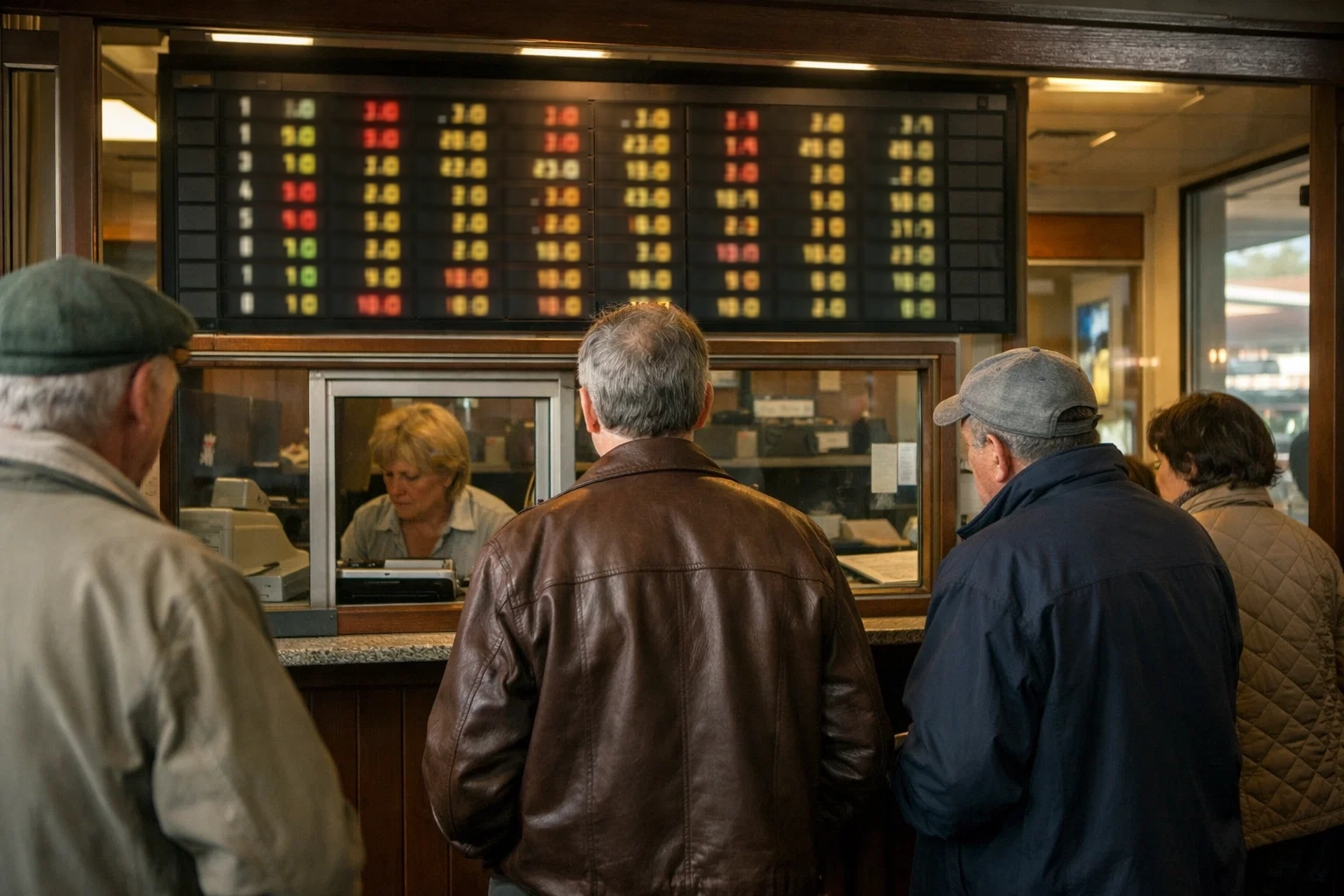 Totalisator-Schalter auf einer deutschen Galopprennbahn mit Anzeigetafel im Hintergrund