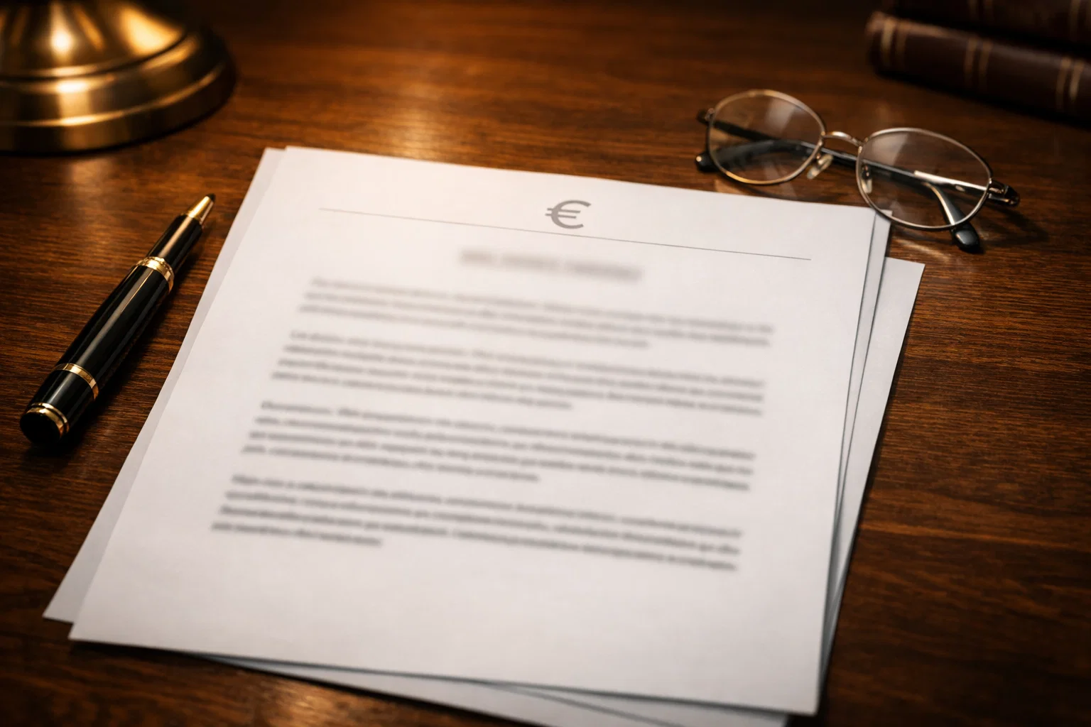 Offizielle Dokumente mit dem Zeichen € und einem Stift auf einem Schreibtisch